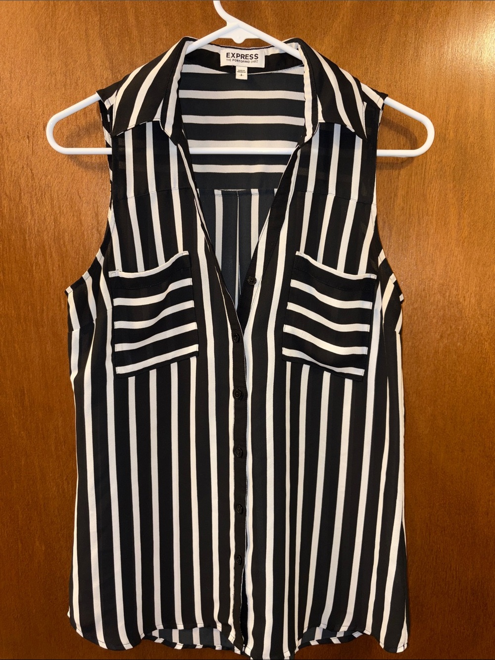 Express Black & White Vertical Stripe Sleeveless Button Front Top